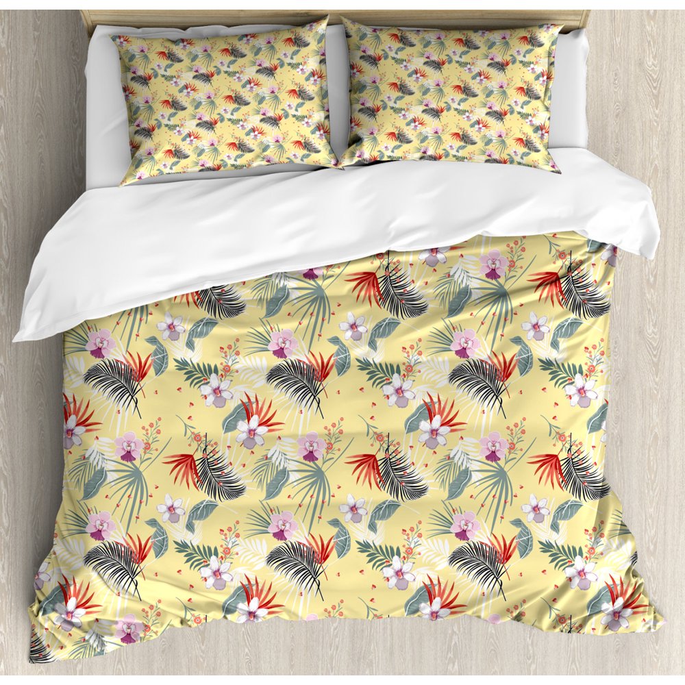 Tropical Duvet Cover Set King Size, Exotic Forest with Pastel Hibiscus
