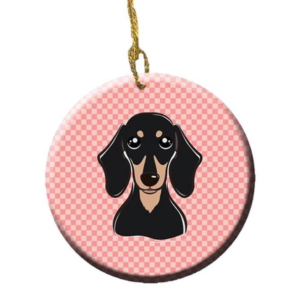 Checkerboard Pink Smooth Black And Tan Dachshund Ceramic Ornament, 2.81 In.