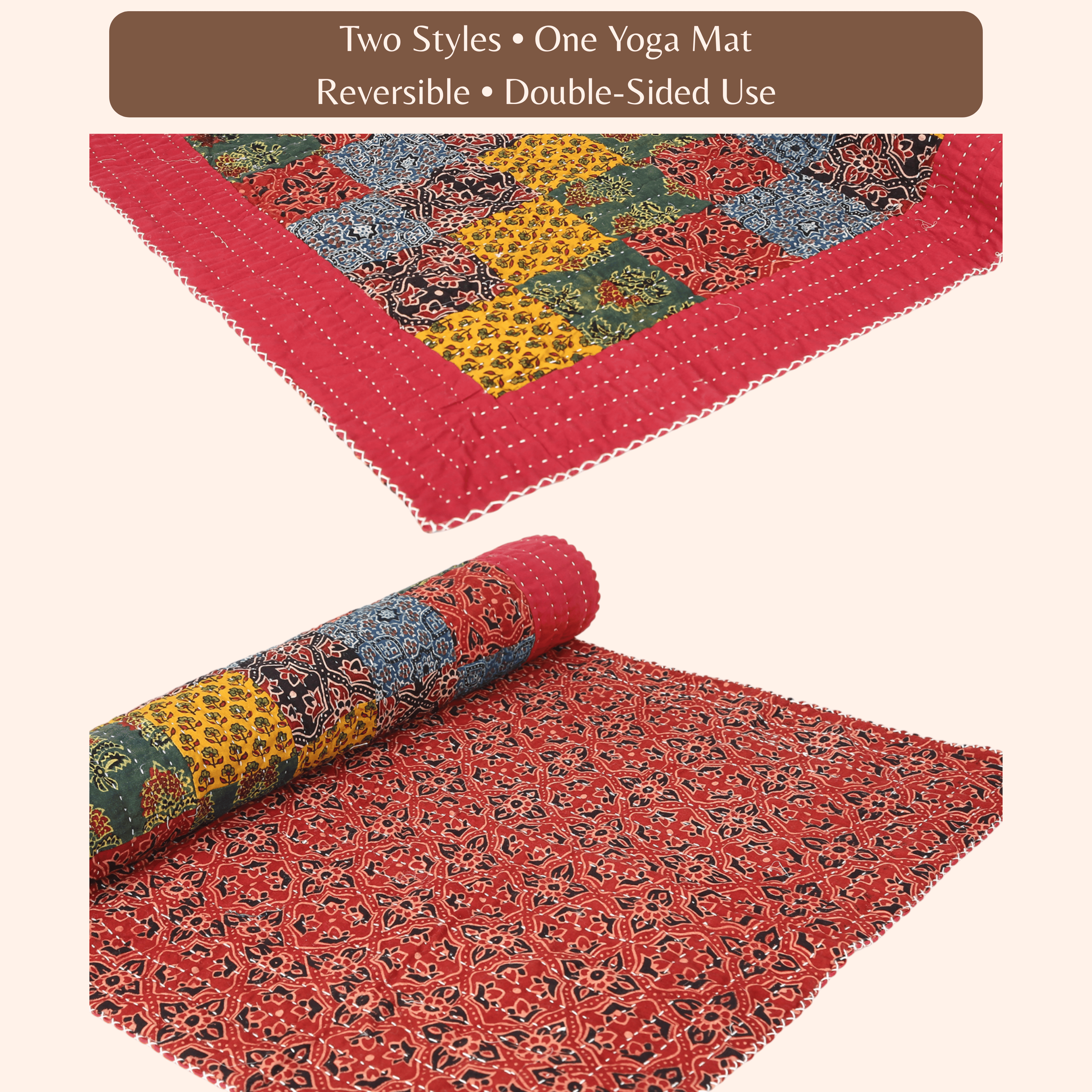 Vivanta Yoga Mat 72x24 inch Cotton Patchwork Block Print, Non Slip for Exercise Meditation, Includes Carry Bag