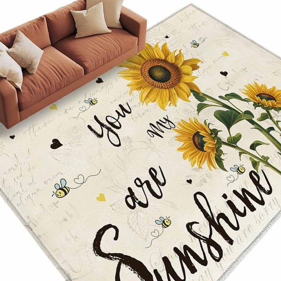 8x10 Area Rugs for Living Room, Sunflowers Pastoral Non Slip Area Rugs for Kitchen Bedroom Entryway, Bees Country Botanical Retro Beige Washable Carpet Runner Rug Floor Mats for Bedroom Home Decor