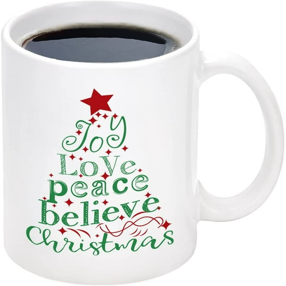 Christmas Coffee Mug, Christmas Theme Coffee Cup with Joy Love Peace Believe Merry Christmas Tree, Christmas New Year Holiday Gifts for Friends Family 11 Ounce White Christmas Mug
