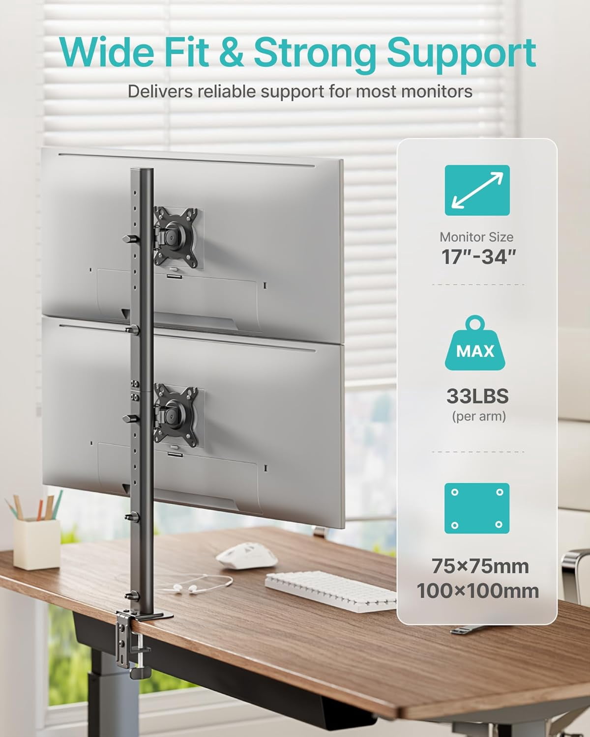 Vertical Dual Monitor Mount for 17–34 in Screens, Stacked Monitor Stand with 33.1 in Extra Tall Pole, Full Motion Height Adjustable Desk Mount, Holds up to 33 lb per Arm, 75/100 VESA, Clamp & Grommet