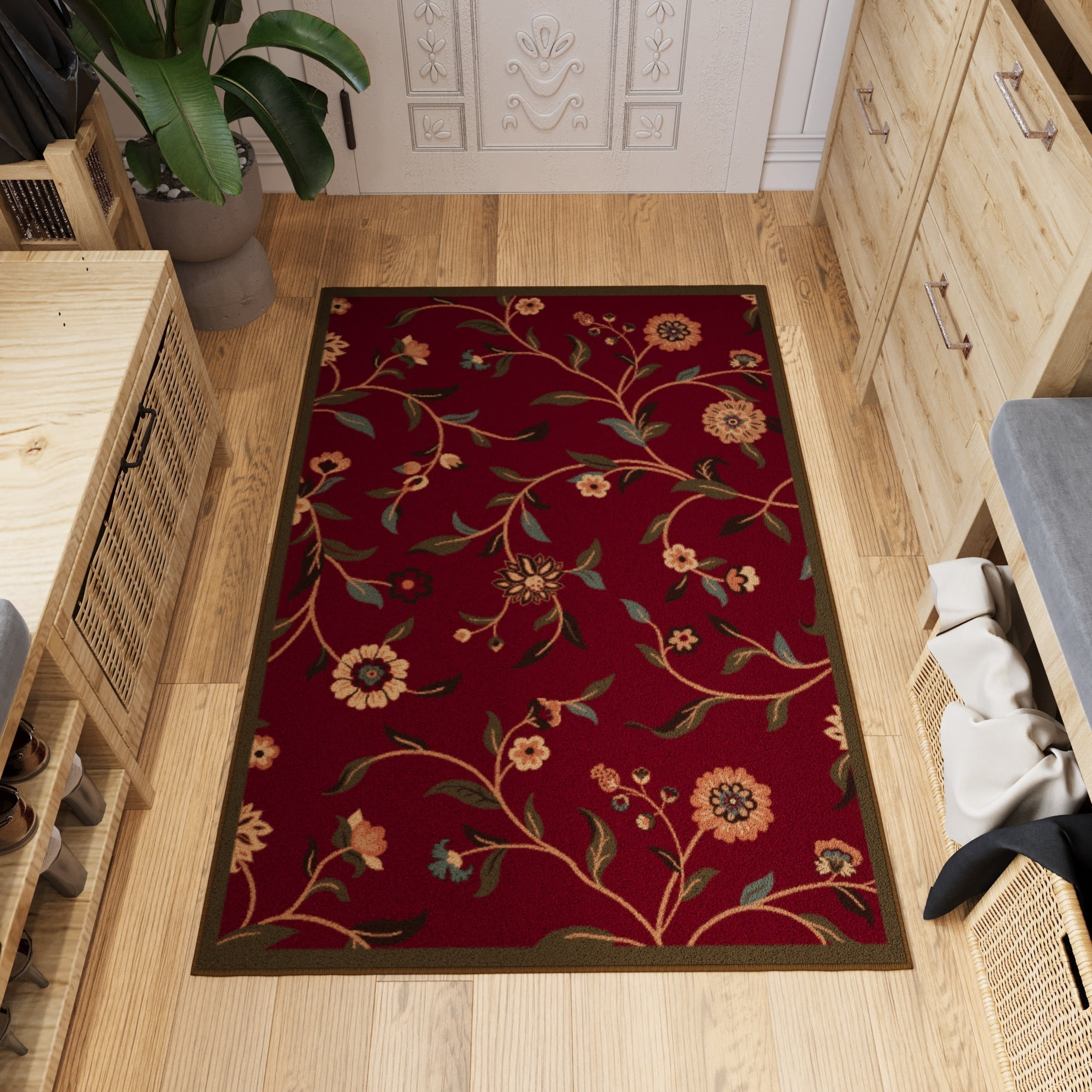 Ottomanson Floral Area Rug 3'3" x 4'7" - Non Slip Low Pile Carpet, Red