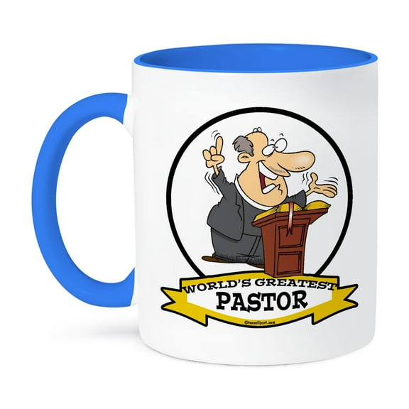 3dRose, Funny Worlds Greatest Pastor Men Cartoon, 11oz Two-Tone Blue Mug