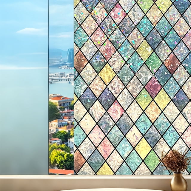Prisms Window Film Sun Blocking Rainbow Crystal Grids Privacy Window Cover | Decorative Static Cling Stained Glass Vinyl | Heat Reducing One Way Window Tint for Home Bathroom Office