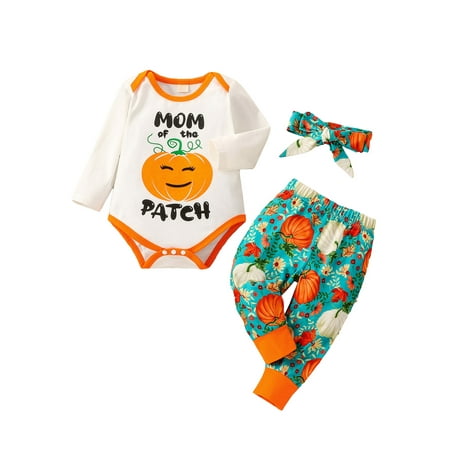 

Canrulo Newborn Baby Girl Halloween Outfits Long Sleeve Romper Bodysuit Pumpkin Pants Headband 3Pcs Clothes White Green 6-9 Months