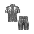 thumbnail image 4 of TiaoBug Men's 2 Piece Summer Outfits Shiny Glossy Semi-Sheer Button Down Shirts and Casual Shorts Set Silver M, 4 of 7