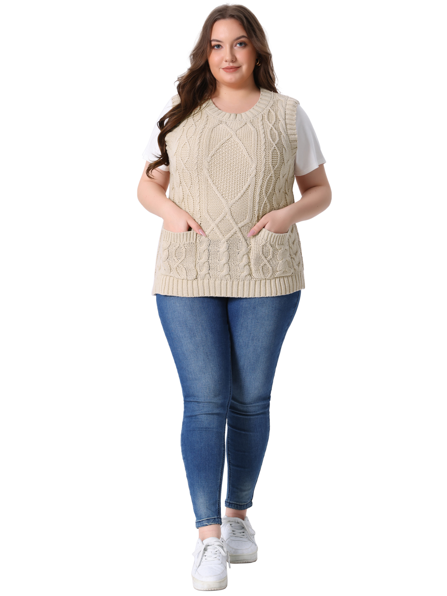 DARING DIVA Women's Solid Knitted Crew Neck Sweater Vest 2X Beige