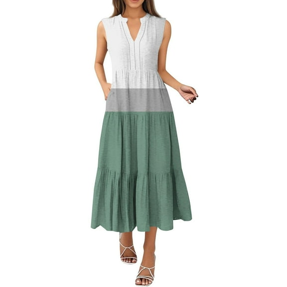 Women Maxi Long Dress Summer Casual Short Sleeve V Neck Maxi Dresses with Pocket Green L