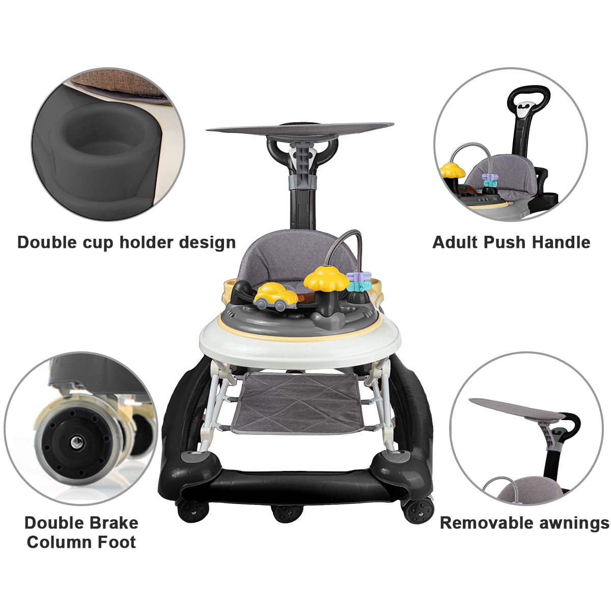FACNOATIHN 5-in-1 Baby Walker, Musical Activity Push Walker with Detachable Awning Footrest, Adjustable Height, Black