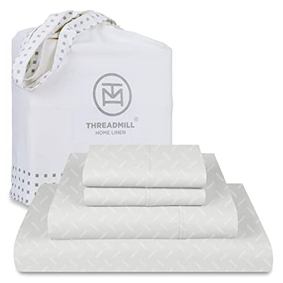Threadmill Home Linen Cotton Full Size Sheet Set, Damask Jacquard, Deep Pocket, 4 Piece, Light Grey