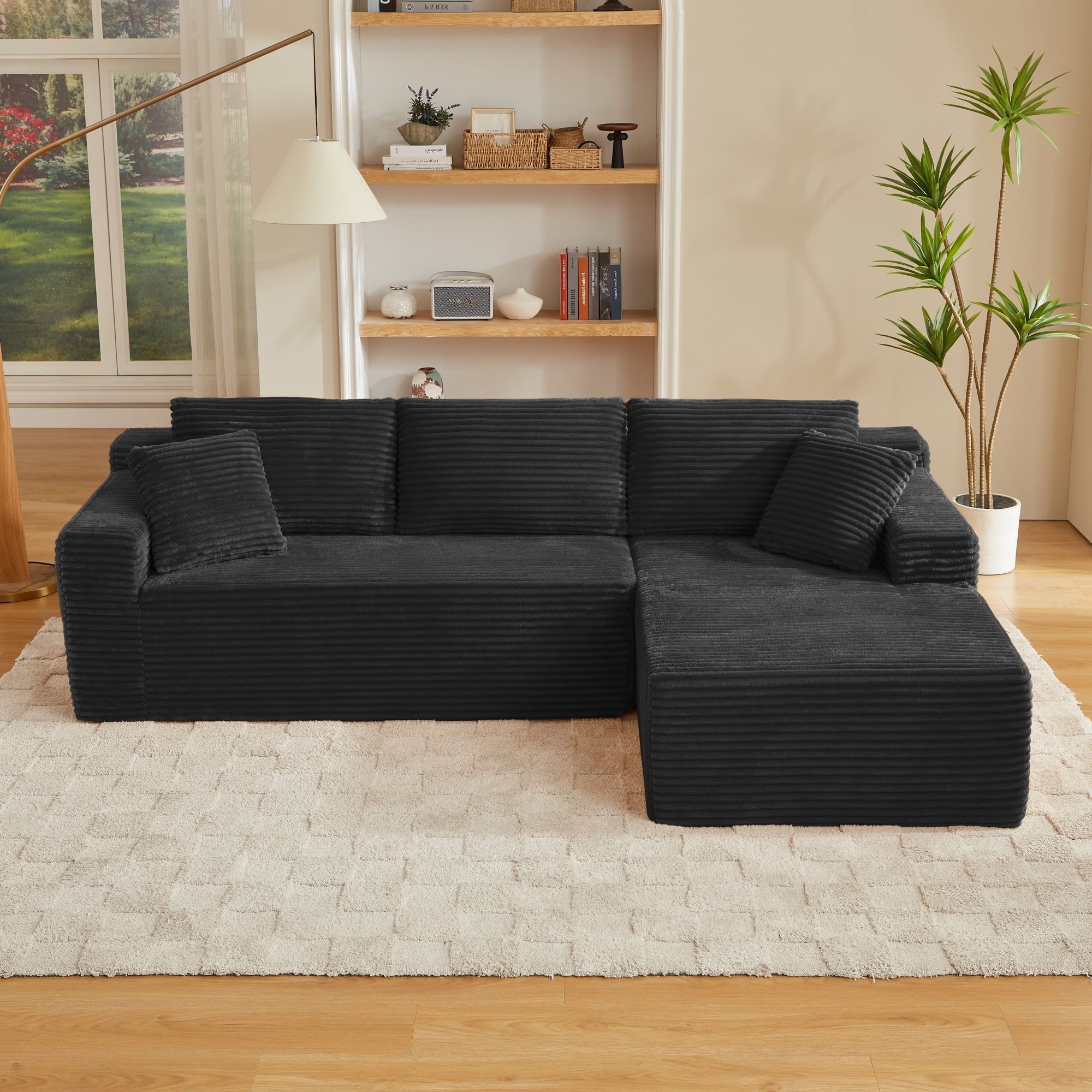 HOQBN 96.9" Boneless Modular Sectional Sofa with Chaise, L-Shaped Corduroy Cloud Sectional Couch with Deep Seat and Side Pockets, Upholstered 3 Seater Sofa Living Room, No Assembly, Black