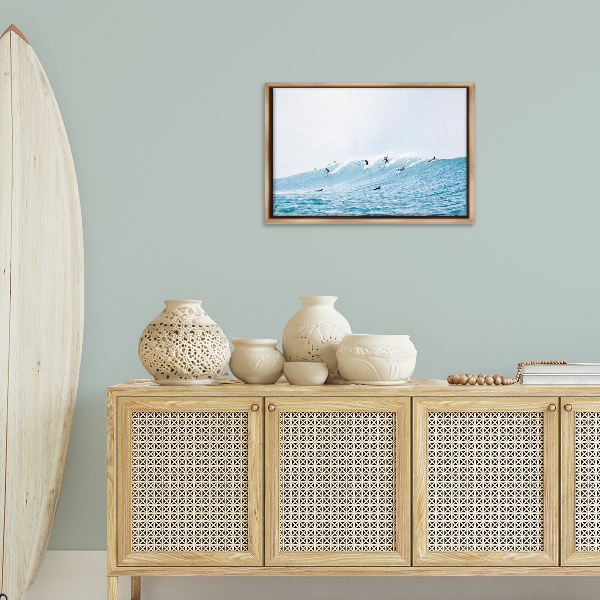 Stupell Industries Blue Wave Surfers Nautical & Beach Photography Brown Floater Framed Canvas Art Print Wall Art, 25 x 17