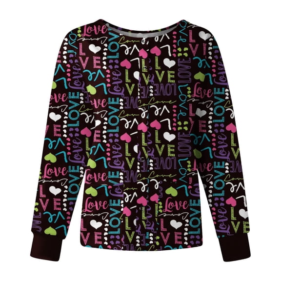 Womens Long Sleeve Crew Neck Scrub Jackets Colorful Floral Butterfly Print Button Front Stretch Medical Scrub Uniform Outerwear Multicolor S