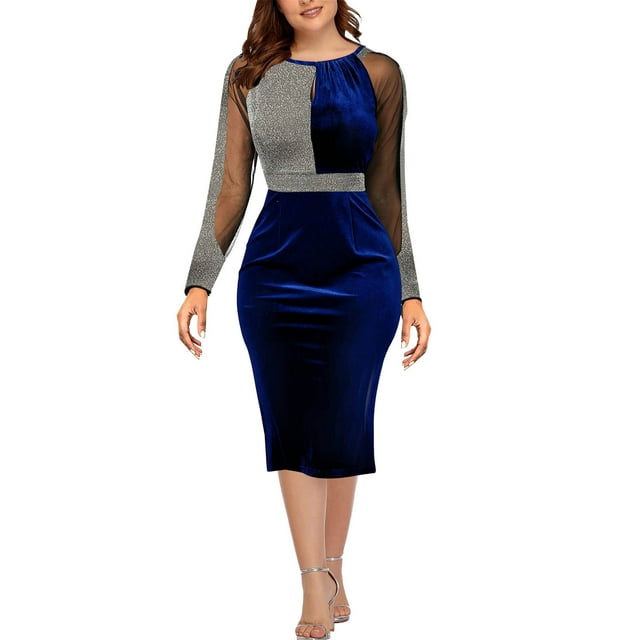 Robes pour Femmes 2022 Invité de Mariage en Maille Manches Longues Velours Patchwork Élégante Robe Formelle Soirée Bal