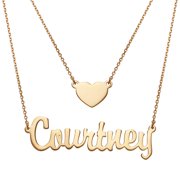 Personalized Planet Women's Sterling Silver or Gold over Silver Script Nameplate and Heart Layered Double Necklace