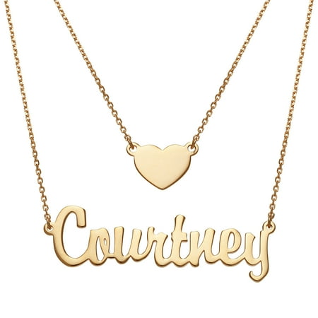 Personalized Planet Women's Sterling Silver or Gold over Silver Script Nameplate and Heart Layered Double Necklace