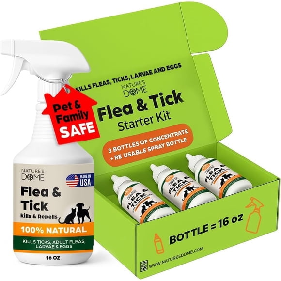 Kit inicial contra pulgas y garrapatas Nature's Dome, spray 3 x 473 ml