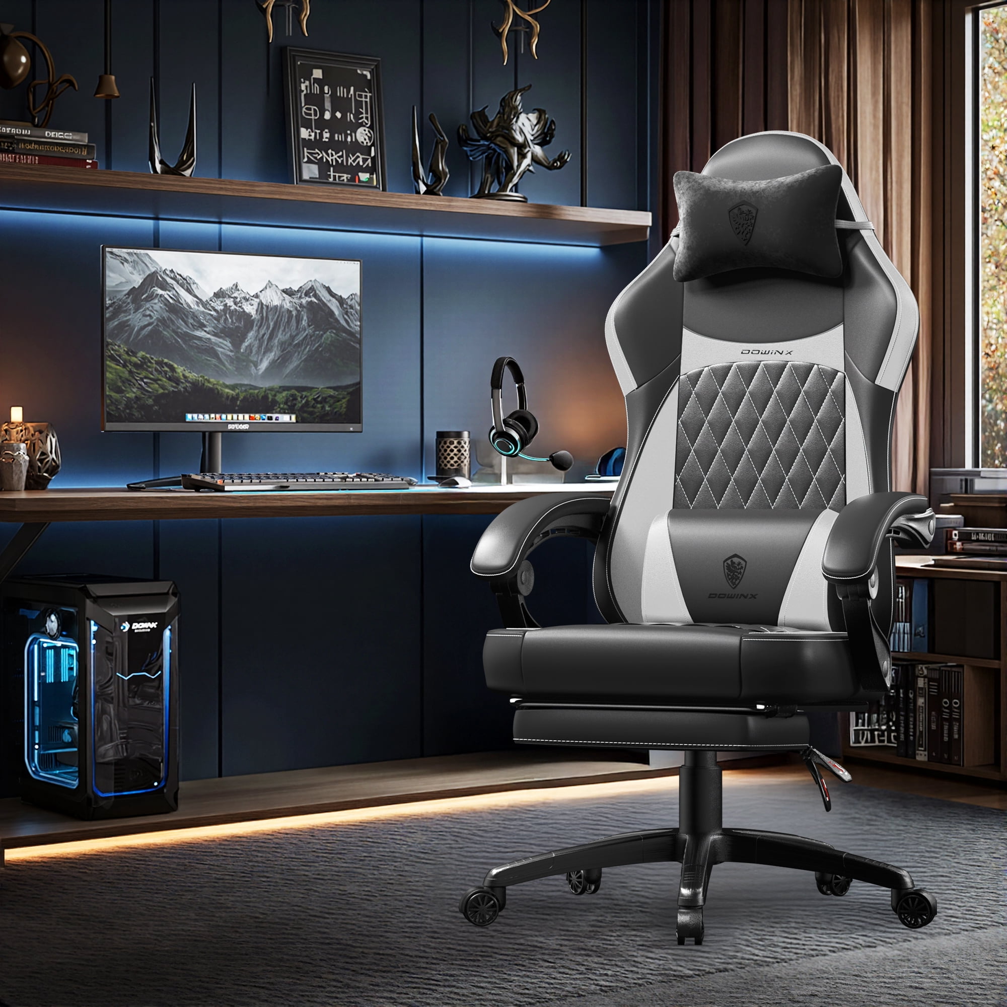 KARXAS Adult Gaming Chair Faux Leather PC Gaming Chair with Footrest and Lumbar Support, Black and Gray