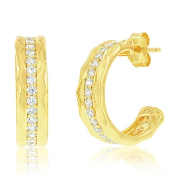 Beaux Bijoux Sterling Silver 14K Gold Plated Lined Simulated Diamond CZ Hoop Earrings for Women - Fine Earrings - Half Hoop Earrings for Her
