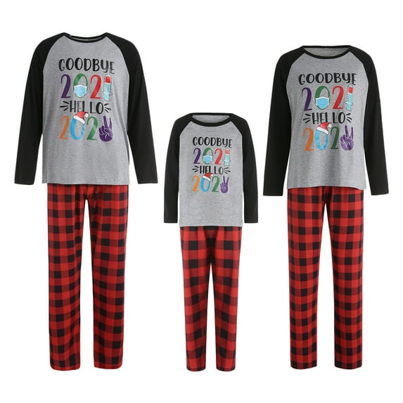 Qiylii Christmas Parent-child Pajamas Set, Letter Print T-shirt + Plaid Pants
