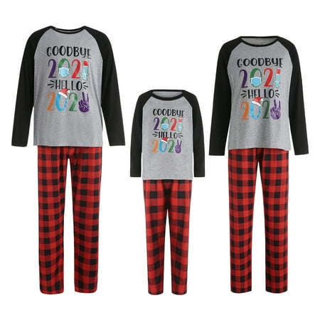 

2Pcs Christmas Parent-child Pajamas Cartoon Letter Print Long Sleeve Round Neck T-shirt+Plaid Pants