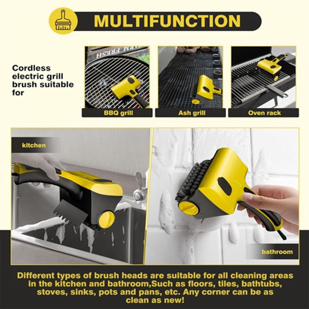 Cordless Electric Grill Brush 360 Rotating Cleaner with 2 Brush Heads USB