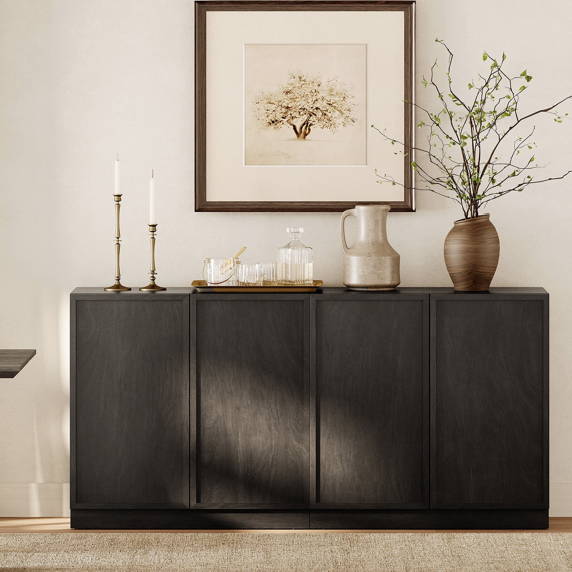 63" Modern Sideboard Buffet Cabinet with 4 Doors, Multifunctional Sideboard with Large Storage and Adjustable Shelf, Black