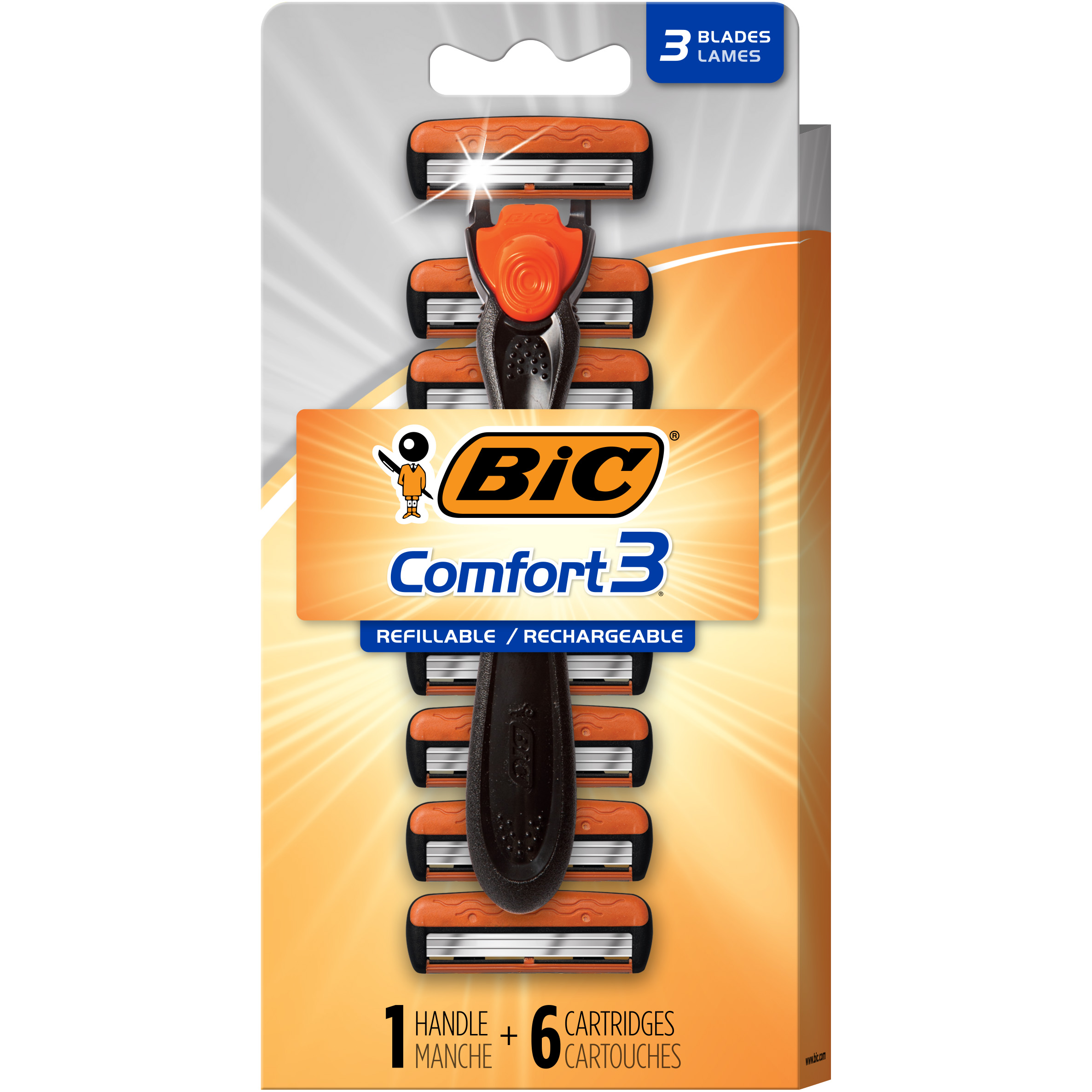BIC Comfort 3 Hybrid Men's Disposable Razor, Sensitive Skin Razor, 1 Black Handle and 6 Cartridges - image 5 of 10