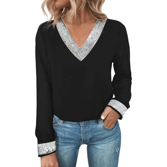 My Items Shirts for Women Women's Long Sleeve Shirts Women Elegant Long Sleeve Blouse with Contrast Sequins Top Mesh Sleeves Tunic Long Sleeve Shirts Chiffon Blouses M