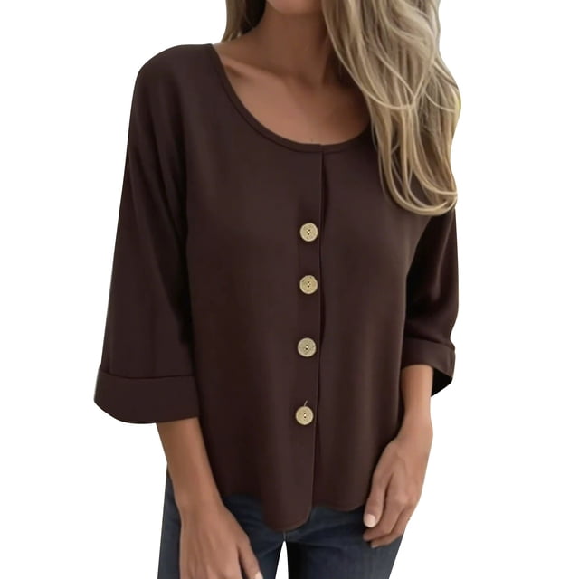 ManxiVoo Chemise Décontractée pour Femme à Boutons, Col Rond, Coton et Lin, Haut à Manches Longues, Élégant Minimaliste, Tenue de Bureau, Taille P, Brun