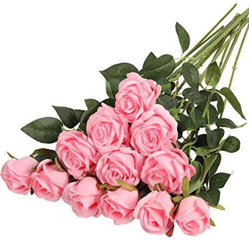 Bunch of 5 Cream Blush Pink Faux Silk Roses Artificial Light Pink Ivory Flowers 