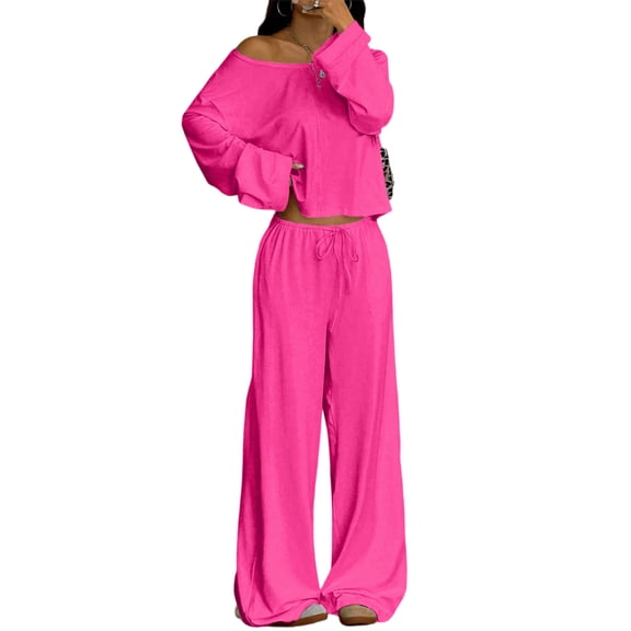 Ankishi Matching Lounge Sets for Women Two Piece Lounge Off Shoulder T Shirt Wide Leg Pants Long Sleeve Outfit Daily Wear