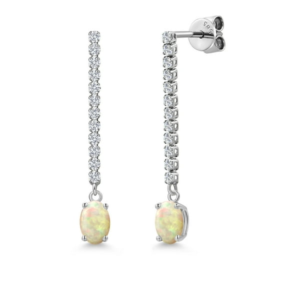 14K White Gold White Ethiopian Opal and White Lab Grown Diamond Long Liner Dangle Earrings for Women | 1.00 Cttw | Gemstone October Birthstone | Oval Cabochon 6X4MM | White Gold Chain Drop Earrings