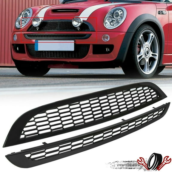 Kojem Front Upper & Lower Grille for 2002 2003 2004 2005 2006 Mini Cooper R50 R52 R53 Matte Black Honeycomb Mesh Grill