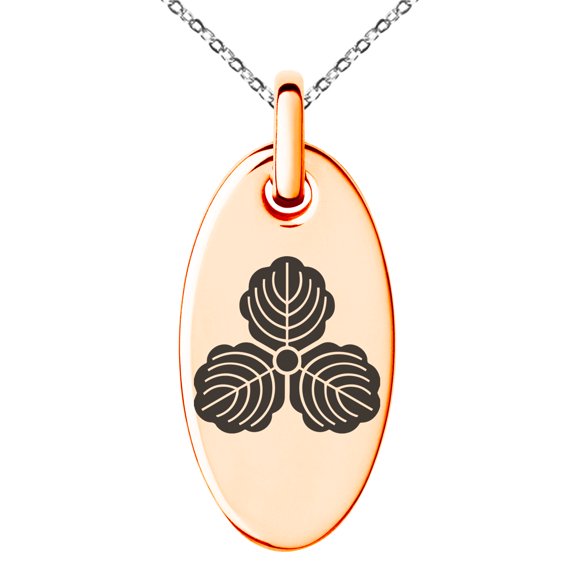 Stainless Steel Kasai Samurai Crest Engraved Small Oval Charm Pendant Necklace