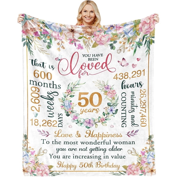 Cadeaux d'Anniversaire 50 Ans pour Femmes, Décorations d'Anniversaire 50 Ans pour Femmes, Idées Cadeaux 50 Ans pour Elle, Femme, Sœur, Fille, Amie, Couverture Douce 50 Pouces X 60 Pouces