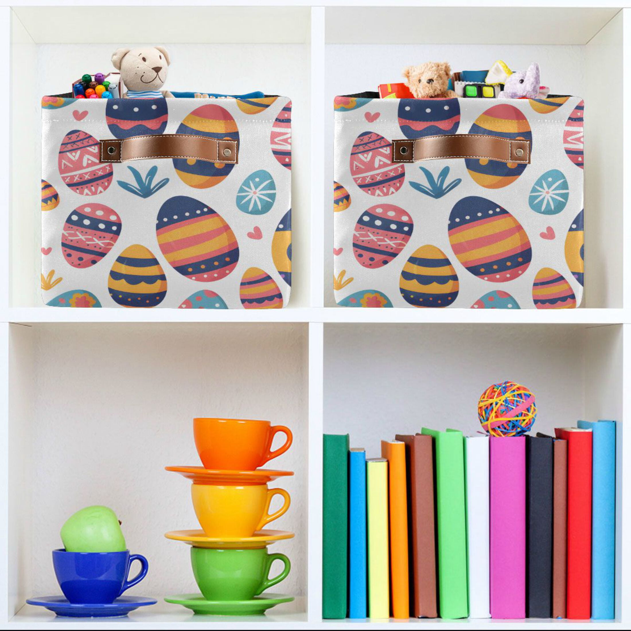 Easter Egg and Grass Storage Bins with Handle Fabric Organizer Basket Foldable Box 2 Pack 14.2x10.2x8.3
