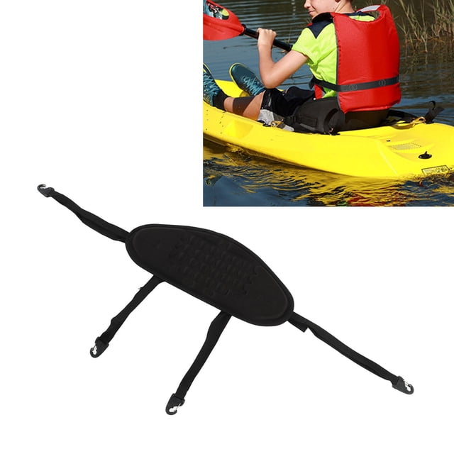 Dossier de Kayak, Soutien de Dossier Rembourré pour Canot en Noir, Fait de Tricot EVA et de Polyuréthane. Présente une Conception Imperméable et Résistante à la Chaleur avec des Sangles Ajustables pour une Fixation Sécurisée. Convient aux kayaks, Canots, Bateaux Gonflables et Bateaux de Dérive. le Dossier Mesure Environ 52,8x24 cm (20,8x9,4 Po) et Offre un Soutien Confortable pour Pagayer Ou Se Détendre. Comprend une Vue Gros Plan du Dossier et une image de Style de Vie Montrant Son Utilisation sur un Kayak Jaune.
