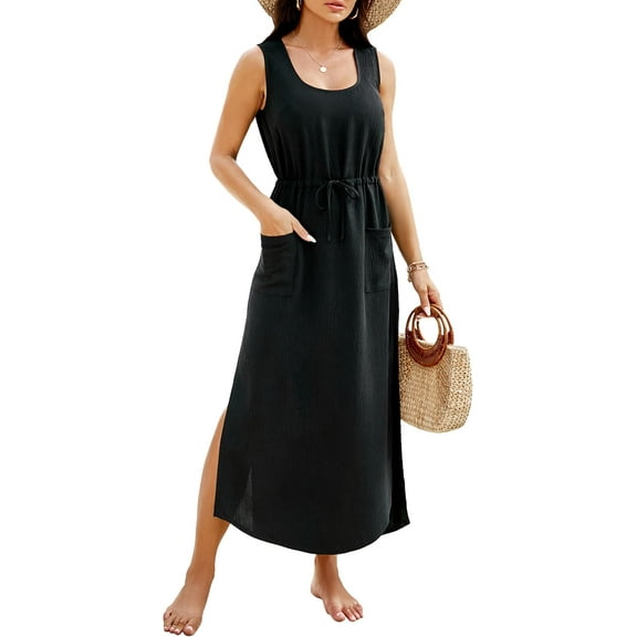Women Swimsuit Cover Ups Bathing Suit Coverup Beach Dress Tank Swimwear Cover up with Pockets