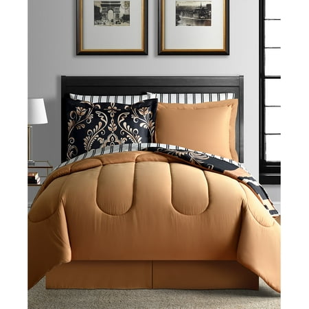 Elegant Black & Gold Damask Scroll King Comforter Set (8 Piece Bed in A