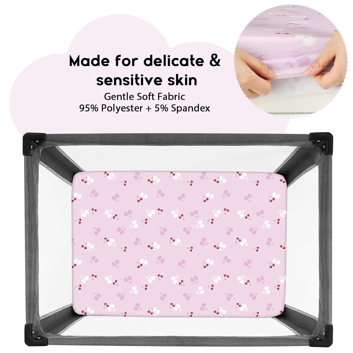 JJEAN-Pack and Play Sheets Fitted, Mini Crib Sheets 2-Pack for Pack N Play Mattress, Stretchy Playard Sheet, Soft and Breathable (Pink+Cherry)