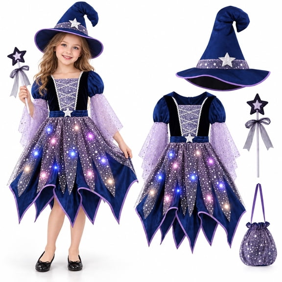 MEZZALL Child Outfit Sets Girls Witch 4 Light Up Star Witch Dress With Hat Wand Kids Halloween Party Outfit For Party Clothes Sets