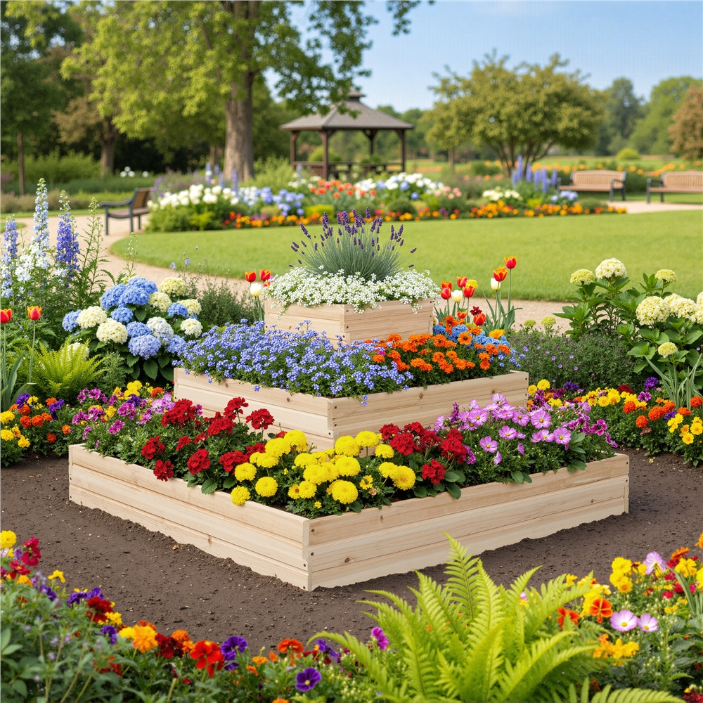 Renwick 3-Tier Open-Bottom Raised Garden Bed for Flowers Herbs Vegetable, Wood