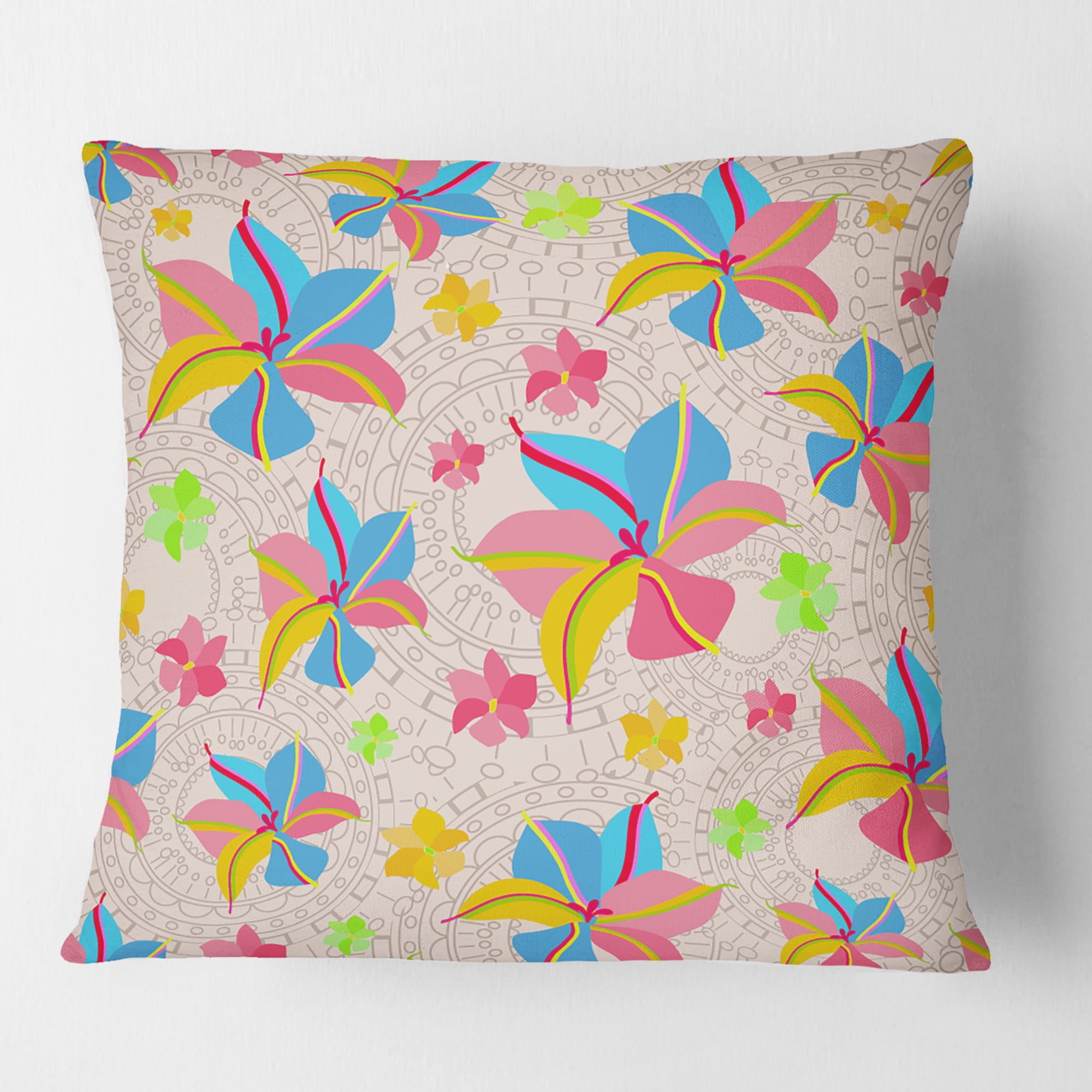 Designart Retro Pink Yellow Flowers' Mid-Century Modern Throw Pillow - 18x18
