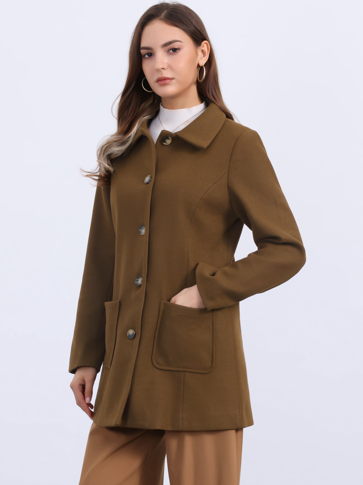 DARING DIVA Women's Winter Overcoat Mid-Long Notch Lapel Peacoat with Pockets XL Brown