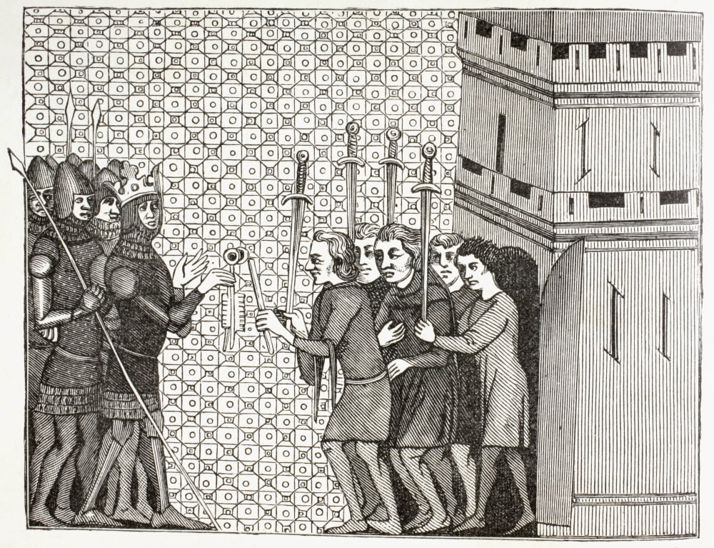 After The Capture Of A Town In The 14Th Century The Garrison Surrenders And Throws Themselves On The Mercy Of Their Captors After A 14Th Century Miniature In Histoire Du Monde From Military And Religi