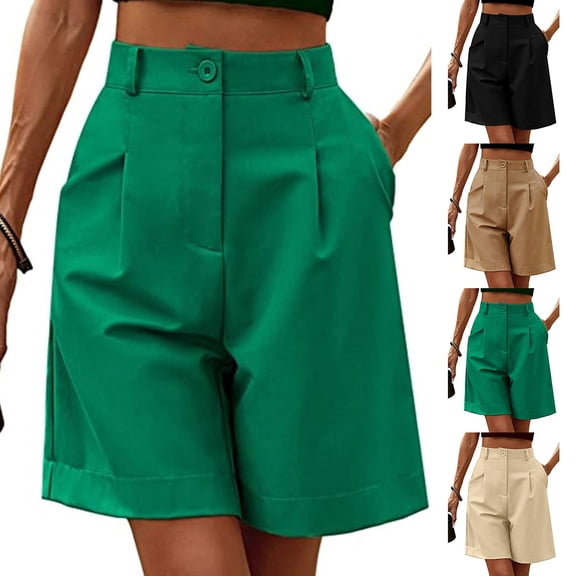 Joernso Women Casual Shorts High Waist Straight Loose Button Pocket Solid Color Ladies Summer Wide Leg Short Pants Trousers Office Wear