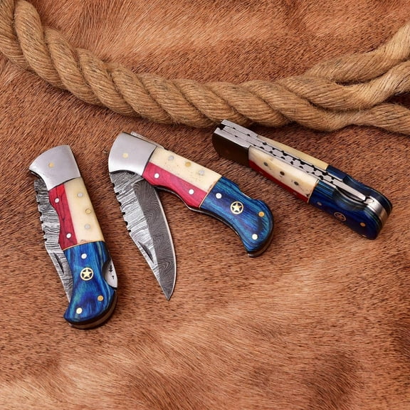 Custom Handmade Damascus Steel Folding Knife/Pocket Knife SS-17504 5 Pcs. Lot (Red and Blue Colored Wood)