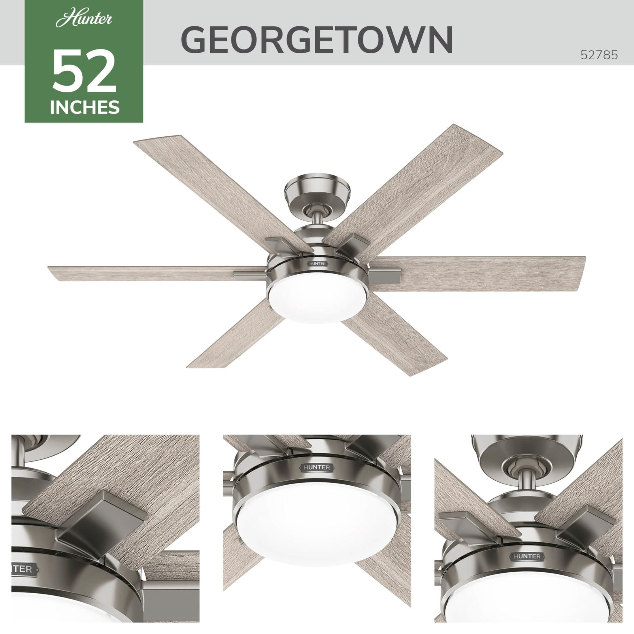 Hunter - Georgetown Indoor Ceiling Fan With Light, Remote, 52-inch, Brushed Nickel, Modern-style, 6-speed DC Motor, Quick Installation, Energy Star, 52785